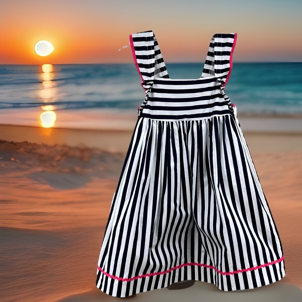 Busy Bees Striped Pinafore Dress Kids Size 5 Navy Blue White Pink Ric Rac Preppy